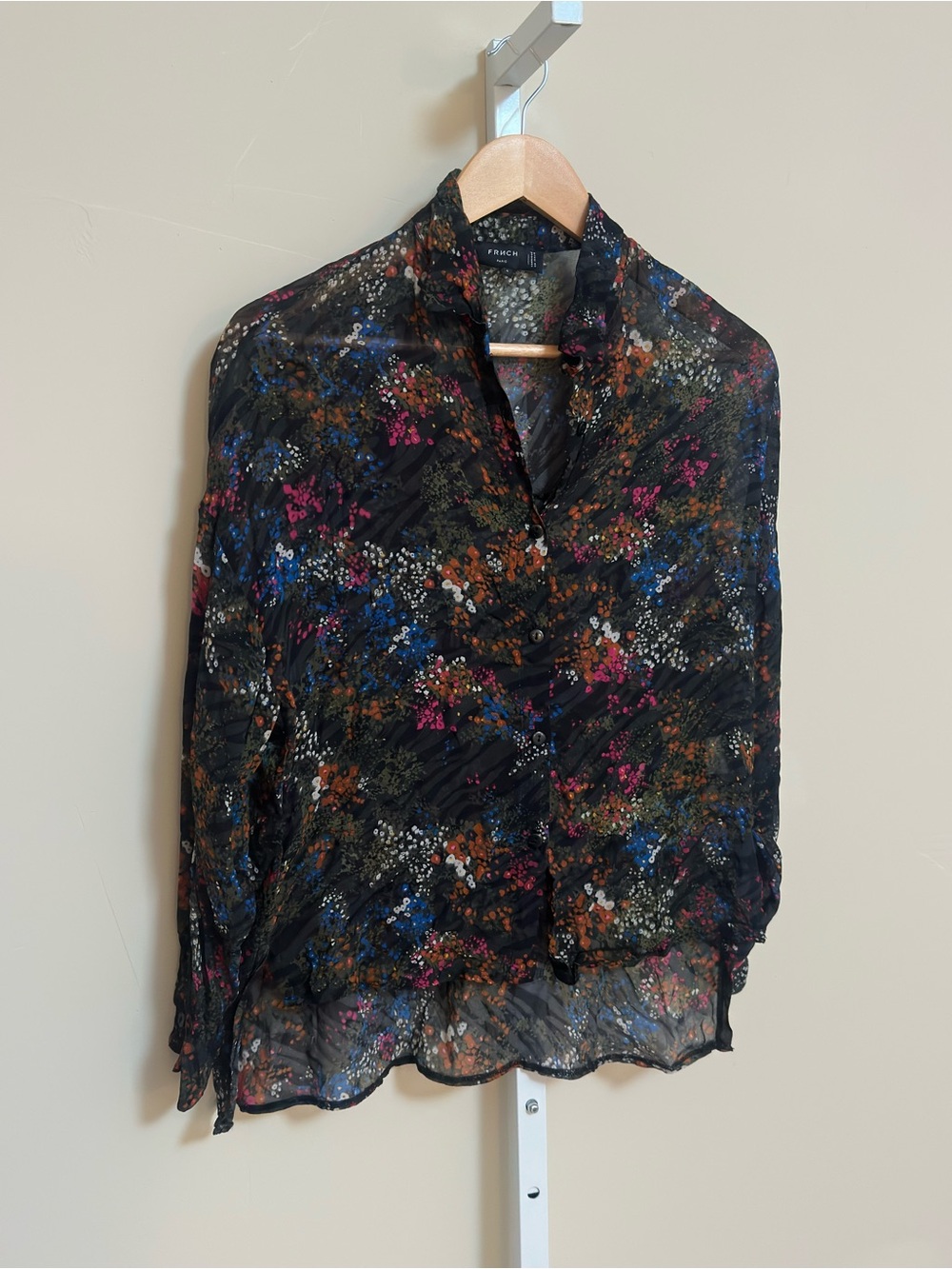 FRNCH Paris Size S Sheer Floral Button Front Blouse Dark Academia Romantic